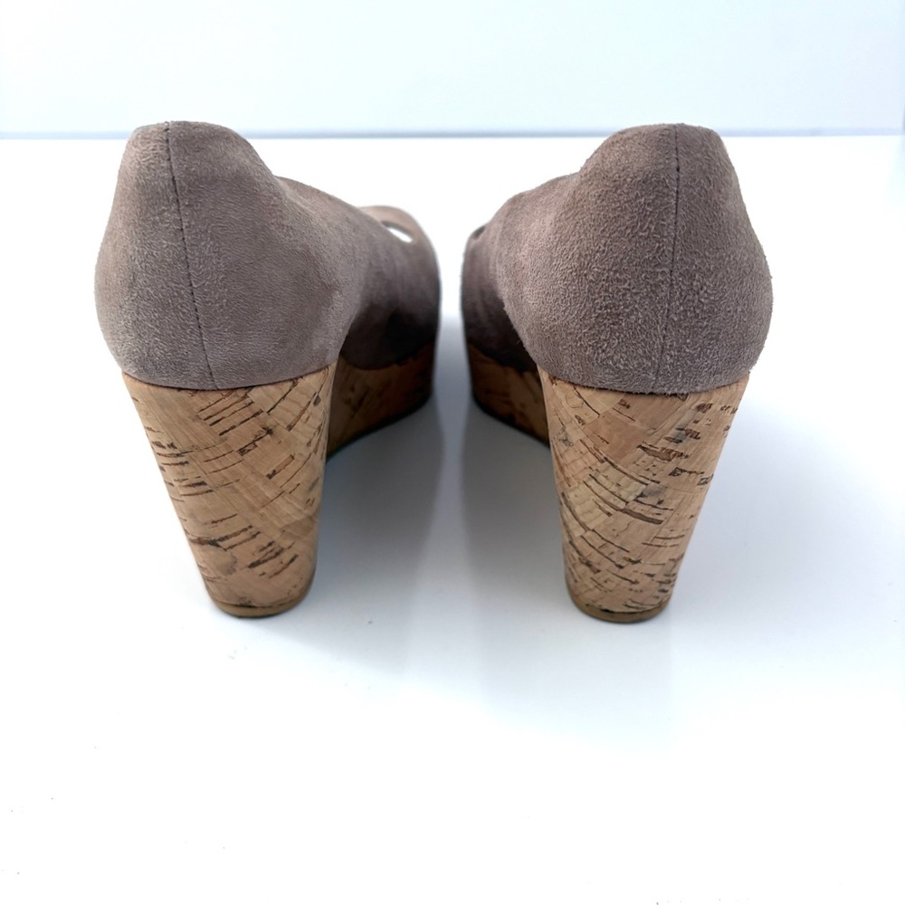 Stuart Weitzman | Beige Suede Peep Toe‎ Cork Wedge Shoes Size 6 - Picture 5 of 8